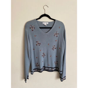 Vintage Casual Corner Dainty Floral Embroidered Knit Blue Sweater XL